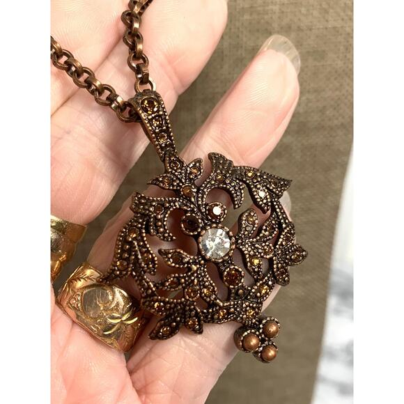 Vintage Copper Tone Pendant Necklace with Faux Gemstones and Pearls - Picture 2 of 8